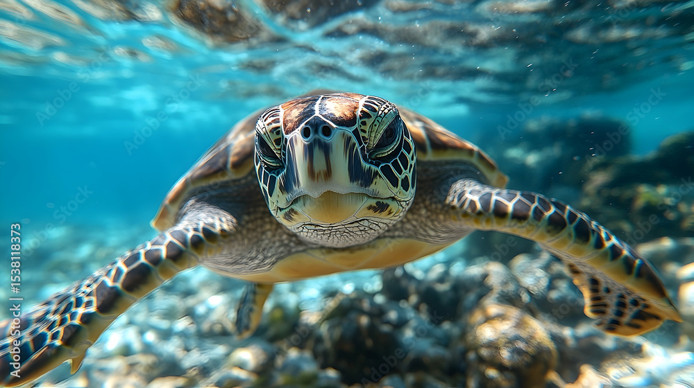 Fototapeta premium Close-up of a sea turtle swimming underwater.