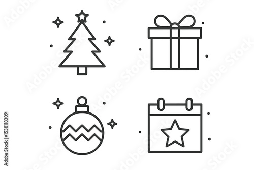 Christmas decorations featuring a tree, gift, ornament, and calendar in a festive display