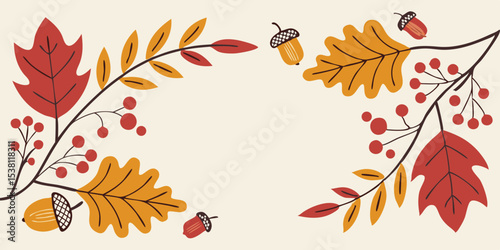 autumnal border with fall leaves, acorns, and berries autumn leaves frame vector