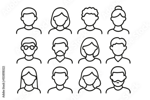 Diverse group of people illustrated in a grid showcasing various hairstyles and facial features in a minimalist style