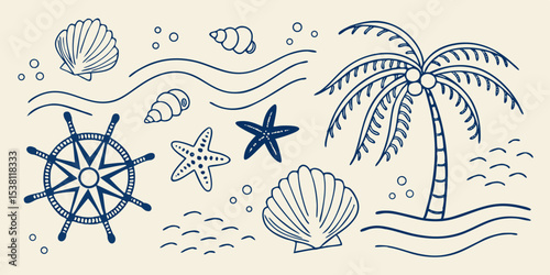 blue line drawing of nautical and tropical beach icons vector illustration of an abstract background with palm trees