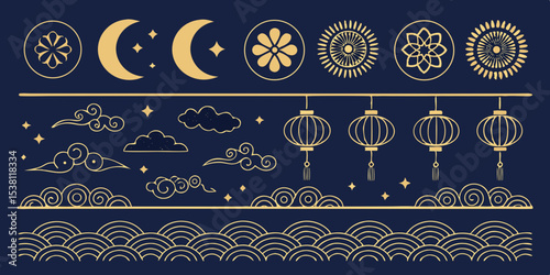 golden traditional asian design elements on a dark blue background set of vintage design elements for design
