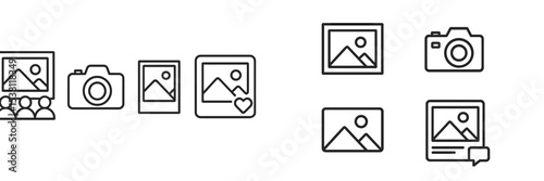 Icons representing photography elements in a digital format showcasing various camera and image designs on a simple layout