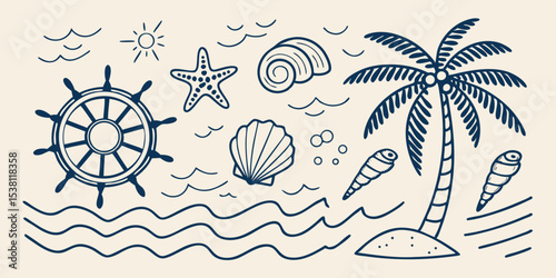 blue line art illustrations of beach and nautical elements marine background with sea animals