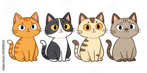 four cute cartoon cats sitting in a row isolated on white background.