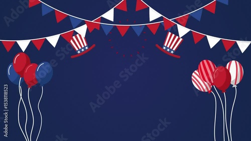 Background for  Memorial Day, Veterans Day, 4th of July, or other patriotic US holiday, 2D fireworks and balloon flying looping animation.