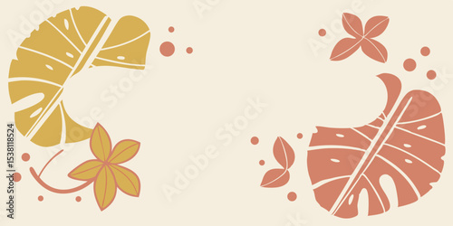 autumn botanical pattern design with golden and coral tropical leaves vector illustration of a floral background