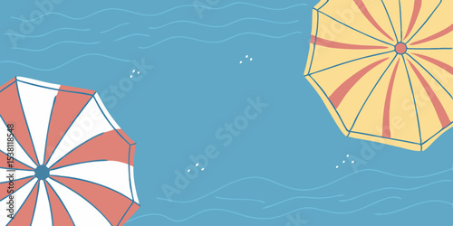 beach umbrellas pool background with striped parasols on turquoise blue water