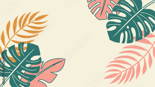 tropical leaves pattern design with monstera and palm fronds in coral and teal colors  vector illustration of feathers