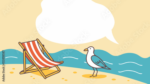minimalist beach vacation illustration with striped deck chair and seagull by ocean waves illustration background.