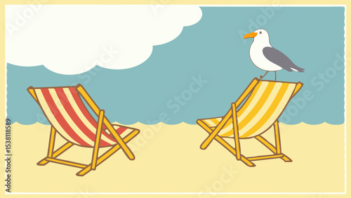 summer beach scene illustration with deck chairs and seagull on sandy shore vector illustration of a beach chair