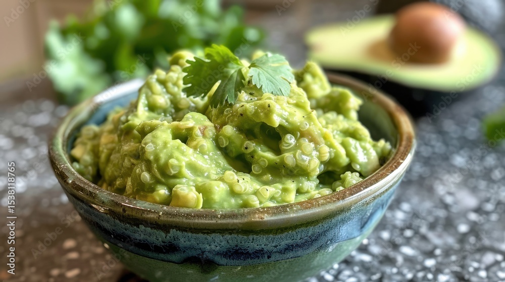 Creamy avocado quinoa guacamole bowl with fresh cilantro Creamy avocado quinoa guacamole bowl with fresh cilantro
