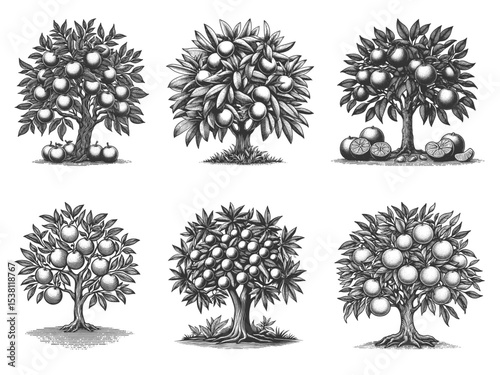 citrus trees laden with oranges, lemons, and other fruits Set collection bundle sketch engraving generative ai vector illustration. Scratch board imitation. Black and white image.