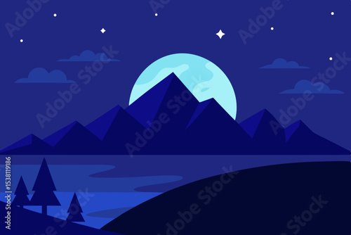 Serene night landscape with moonlit mountains