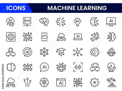 Sleek vector web line icons depicting machine learning, algorithms, neural networks, data analysis, and AI-driven innovation for intelligent systems.