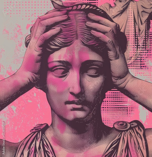 Pink and black glitch art depiction of a classical statue with a distressed expression, hands clutching head, surrounded by abstract digital