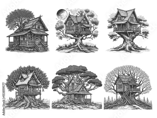 treehouses and rustic cottages built into large trees, illustrated with detailed vintage engraving lines Set collection bundle sketch engraving generative ai vector. Scratch board. Black and white.