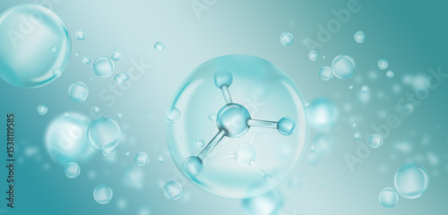 Collagen molecule among bubbles on turquoise gradient background, banner design. Skincare cosmetic solution, serum or essence