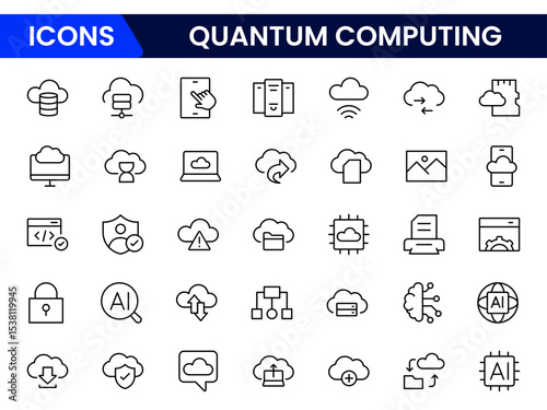 Futuristic vector web line icons depicting quantum computing, qubits, algorithms, processing power, and innovative tech for advanced computational solutions.