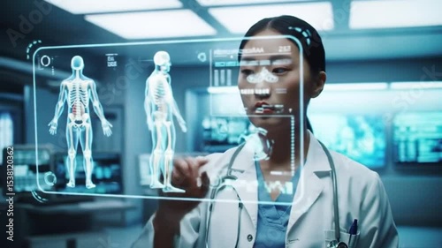Asian Doctor Interacting with Holographic Human Anatomy in Futuristic Medical Lab, Healthcare Technology Innovation