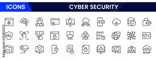 Robust vector web line icons depicting cybersecurity, firewalls, encryption, protection, and secure digital systems for safeguarding online environments.