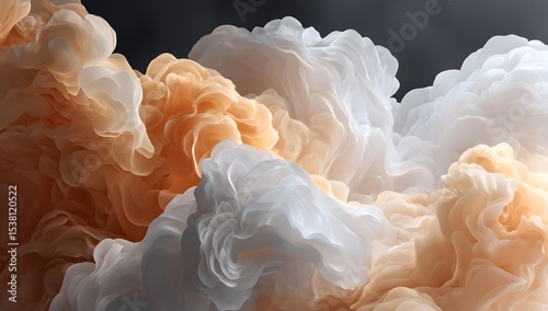 White and orange cloud-like waves create a mesmerizing and fluid pattern against a dark background, evoking a sense of motion and ethereal beauty