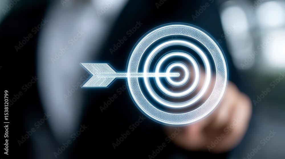 Fototapeta premium Business Success and Goal Achievement Concept ? ? ? Professional Holding Digital Icon with Arrow Hit in Office Environment. Achieving professional ambition a strategic guide to workplace