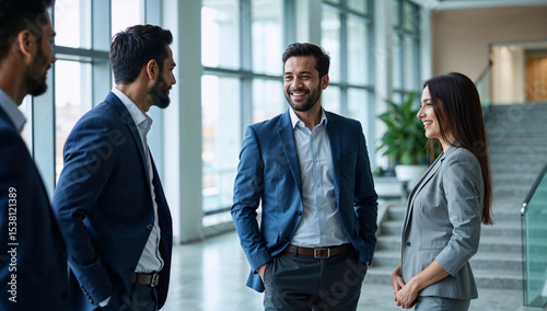 Millennial businesspeople having informal discussion during break in office hallway