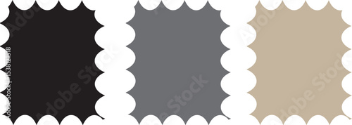 Set of postage stamps in colorful with zigzag edges in horizontal and square format, arranged symmetrically in two rows. Mockup for design. Vector illustration of table with frames.
