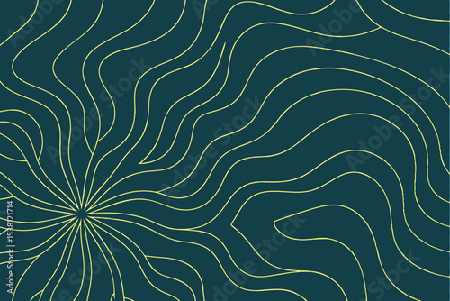 Abstract Dark Teal Background with Flowing Yellow Lines Radiating from a Central Point