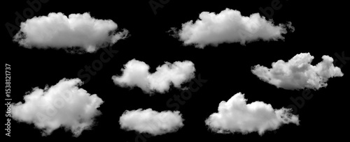 Isolated cloud collection on black background. Set of different types of clouds. Cloud design. Abstract clouds. Fog over the sky. Fluffy white clouds texture. 