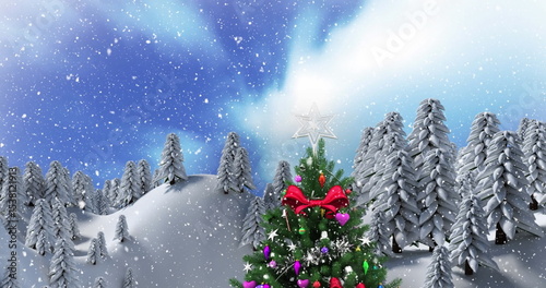 Standing Christmas tree with multicolored ornaments and star topper on snowy hills, winter scene © vectorfusionart