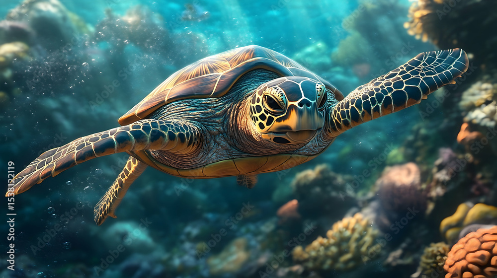 Fototapeta premium Sea turtle swimming in vibrant underwater scenery.