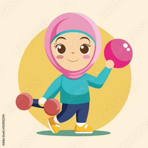 Cartoon Muslim Girl in Hijab Working Out – Fitness and Health Vector Icon Isolated
