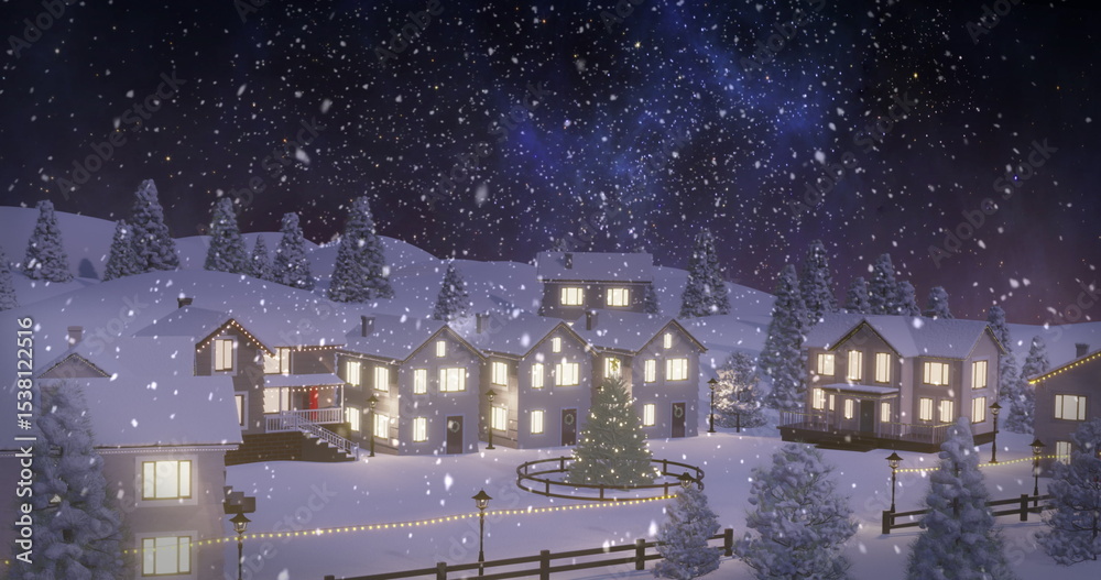 Fototapeta premium Shining snowy houses and decorated Christmas tree sparkling in mountain village, with lampposts