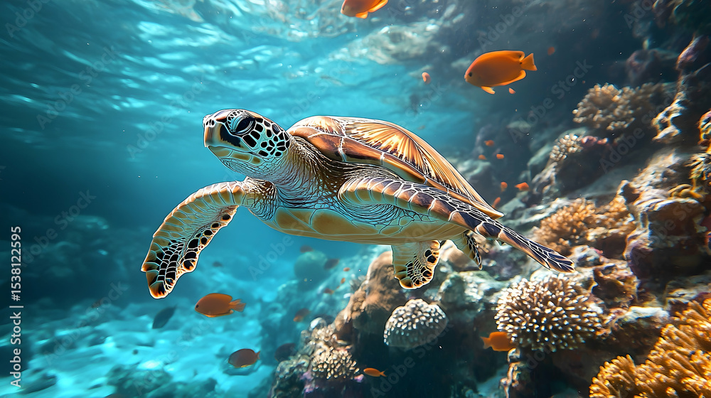 Naklejka premium Sea turtle swimming among coral reefs.