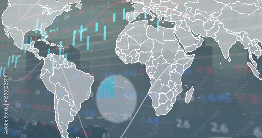 Naklejka premium Displaying map outline over data interface showing candlesticks line graphs and circular highlight