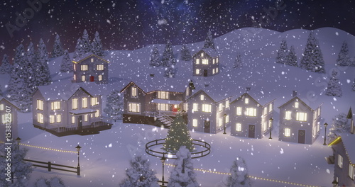 Glowing homes surrounding decorated evergreen tree in snowy village at night, with string lights