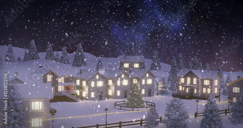 Shining snowy houses and decorated Christmas tree sparkling in mountain village, with lampposts © vectorfusionart