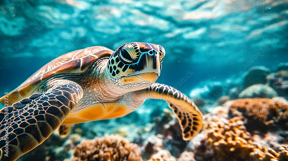 Fototapeta premium Close-up view of a sea turtle swimming in the ocean.