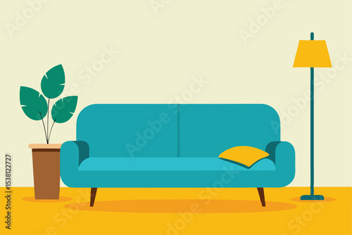 Blue Couch With Yellow Pillow, Lamp, and Plant Illustration on Beige Wall