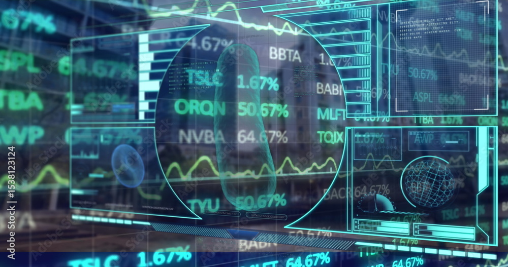 Obraz premium Holographic interface spanning control room, displaying molecular structure, globe, stock tickers