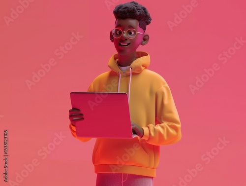 3D Cartoon African Man Character with Laptop in Yellow Hoodie.