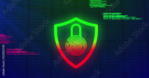 Displaying shield icon merging padlock and fingerprint on cybersecurity interface, binary streams photo