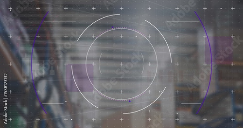Displaying HUD overlay with rings and crosshair markers over racks of cardboard boxes in warehouse