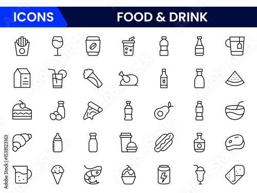 Appetizing vector web line icons depicting food, drinks, utensils, cooking, and dining experiences for culinary and beverage enthusiasts.