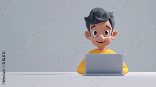 3D Animated Boy Character Using Laptop for Online Study or Game.