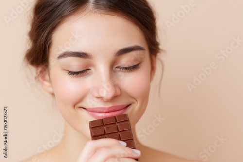 indulge in minimalistic world chocolate day portrait showcasing person savoring piece of rich velvety chocolate with