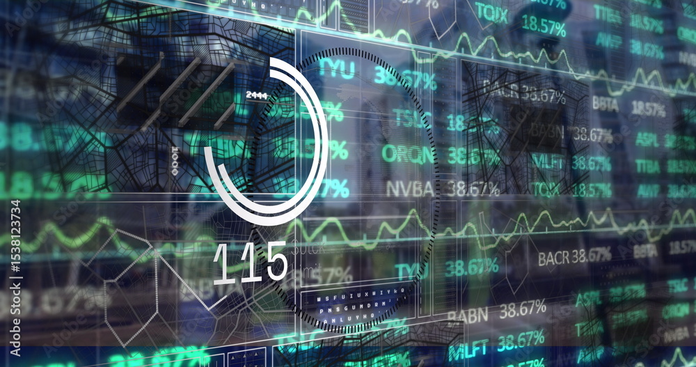 Fototapeta premium Showing dashboard offering financial data in office, with gauge 115, graphs and ticker percentages