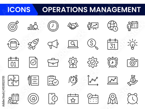 Streamlined vector web line icons depicting operations management, logistics, processes, efficiency, and strategic workflows for optimized business performance.